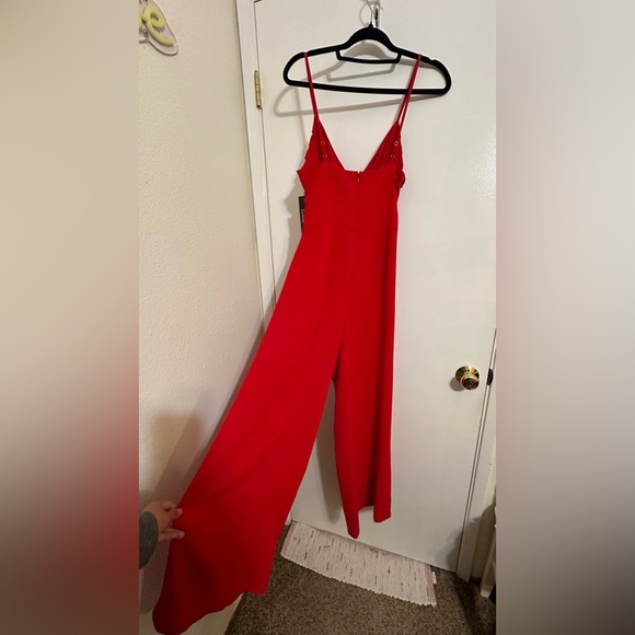 NWT LULUS Cherry Red Criss Cross Bodice Cutout Surplice Wide Leg Jumpsuit - Picture 5 of 13